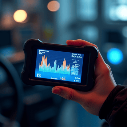 Close-up of an advanced OBD-II scanner displaying vehicle diagnostic data.