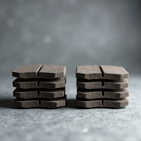 Before and after comparison of severely worn brake pads next to brand new, thick brake pads, illustrating the necessity of timely brake service in Fair Oaks.