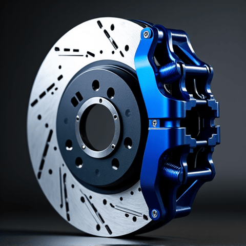 High-performance brake system upgrade on a European vehicle, demonstrating expertise beyond standard repairs for Gold River residents. Shows specialized caliper and drilled rotor setup.