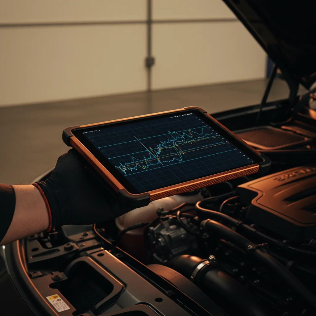OEM diagnostic tablet on an open European engine bay