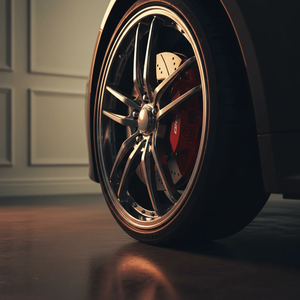 Performance brake rotor and red caliper on a polished alloy hub
