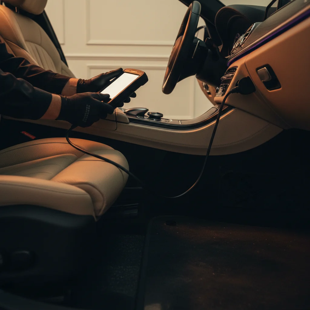 OEM diagnostic scanner connected under a luxury sedan dashboard