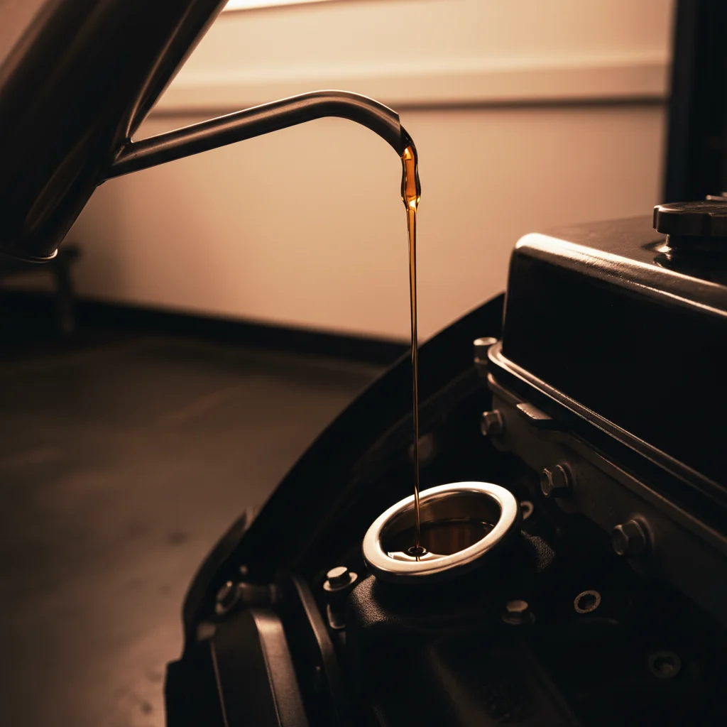 Fresh amber motor oil being poured into an engine fill port